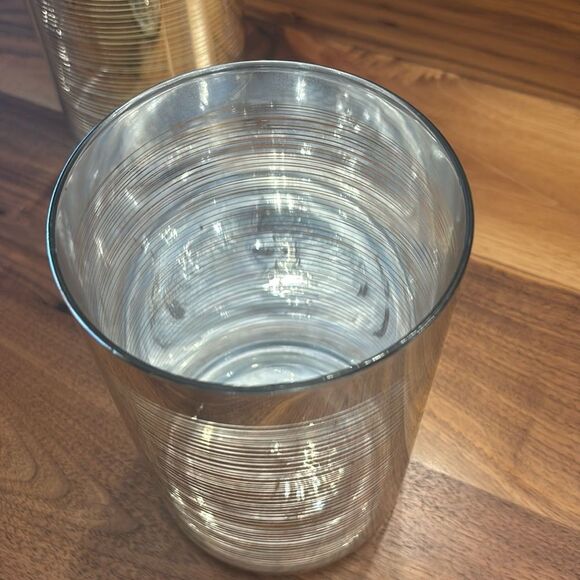 Crate & Barrel Glass Silver Stripe Pillar Pair of Candle Holders - Picture 3 of 8